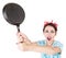 Crazy angry screaming housewife with pan