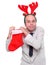 Crazy businessman with rudolph reindeer attire.