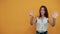 Crazy caucasian young woman in blue denim shirt showing nine fingers