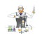 Crazy chemist. Man in overalls conducts chemical experiments. Test tubes and flasks on a tripod. Sublimation and distillation of