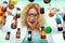 Crazy chemist woman with chemical glassware flask