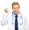 Crazy doctor holding syringe on white background