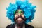 Crazy funny bearded man with blue wig