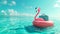 Crazy funny pink inflatable flamingo floating in turquoise water with with travel suitcase. Vacation and holidays concept