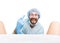 Crazy gynecologist examines a patient. mad doctor expression different emotions and makes different hand\'s signs