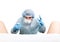 Crazy gynecologist examines a patient. mad doctor expression different emotions and makes different hand\'s signs