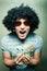 Crazy happy dude in afro wig with lots of money