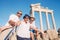 Crazy happy family selfie travel photo on the antique colonnade