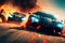 Crazy mad car chase, explosions sparks action. Sports cars are a danger race for survival. Fire and flames from under the wheels.