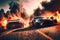 Crazy mad car chase, explosions sparks action. Sports cars are a danger race for survival. Fire and flames from under the wheels.