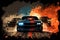 Crazy mad car chase, explosions sparks action. Sports cars are a danger race for survival. Fire and flames from under the wheels.