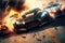 Crazy mad car chase, explosions sparks action. Sports cars are a danger race for survival. Fire and flames from under the wheels.