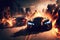 Crazy mad car chase, explosions sparks action. Sports cars are a danger race for survival. Fire and flames from under the wheels.