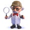 Crazy mad scientist cartoon character in 3d dressed like Sherlock Holmes holding a magnifying glass