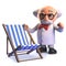 Crazy mad scientist cartoon character in 3d standing next to a holiday deckchair