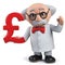 A crazy mad scientist holding a UK Pounds Sterling currency symbol