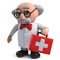 Crazy mad scientist plays at being doctor by carrying first aid kit in 3d