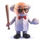 Crazy mad scientist professor in 3d holding baseball bat and ball