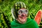Crazy man in watermelon helmet and googles
