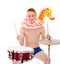 Crazy musician with drums on holiday