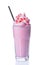 Crazy pink milk shake with whipped cream, sprinkles and black straw in glass