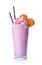 Crazy pink milk shake with whipped cream, sprinkles, waffle and black straws in glass