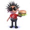 Crazy punk rocker cartoon character eating a cheese burger in 3d