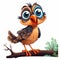 Crazy Quail Cartoon Illustration: Funny Character On Branch