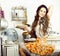 Crazy real woman housewife on kitchen, eating perfoming, bizare girl