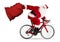 Crazy santa claus rushing fast in a hurry late on road racer racing carbon bicycle with big huge jute bag isolated