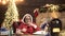 Crazy Santa Claus sing rap or Hip Hop at home near Christmas tree. New Year Holiday. Funny Repper.