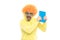 Crazy schoolmaster in orange wig with funky sunglasses shout loud holding library book, school