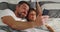 Crazy, selfie and father with child in a bed happy, bond and embrace in their home. Silly, face and kid with parent in a