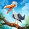 Crazy Stork Illustration: Cartoon Style Caricature On Branch