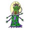 Crazy strange green and purple space alien monster wearing a helmet. White background