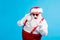 Crazy stylish santa claus with big stomach beard show horns symbol x-mas christmas jolly fun wear style trendy