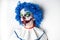 Crazy ugly grunge evil clown. Scary professional Halloween masks. Halloween party