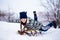 Crazy woman enjoy sleigh ride. Woman sledding. Funny woman play outdoors in snow. Outdoor fun for Christmas