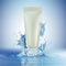 Cream bottle mock up in water splash on blue background.