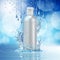 Cream bottle mock up in water splash on blue bokeh background.