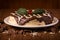 Cream cake with biscuit and chocolate syrup on the wooden background. In Brazil it is called Torta alem