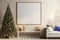 Cream colored wall in a festive living room frames the Christmas interior mockup