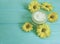 Cream cosmetic container product glass ointment yellow flowers on blue wooden background