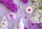 Cream cosmetic flower lilac clean freshness on a gray concrete background, extract