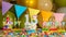 Cream cupcake with a candle for thirteen years, Greeting colorful card happy birthday to a child of 13, birthday cupcake