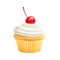 Cream cupcake. Realistic biscuit, cake with cherry. Isolated sweety food, yummy breakfast or bakery element. Cafe