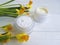 Cream facial cosmetic extract above care ointment rustic organic daffodil on white wooden treatment