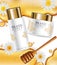 Cream with honey extract Vector realistic mock up. White bottles cosmetics. Product placement label design. Detailed 3d