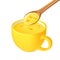 Cream instant corn soup in a wooden spoon and a yellow cup, liquid food, design for packaging. Vector