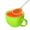 Cream instant tomato soup in a spoon and a green cup, liquid food, design for packaging. Vector